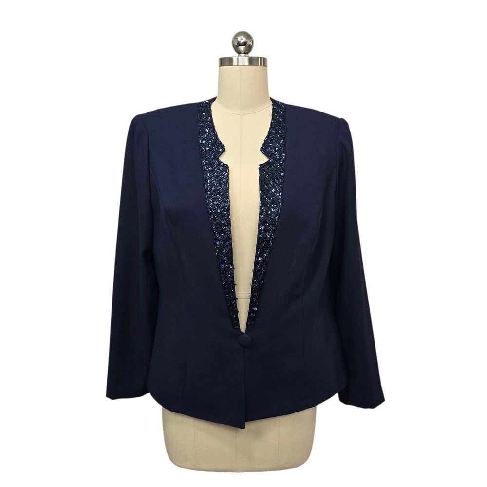 Vintage Karen Miller Navy Blue Sequin Collar Blazer Jacket Women Size‎ 10 Office